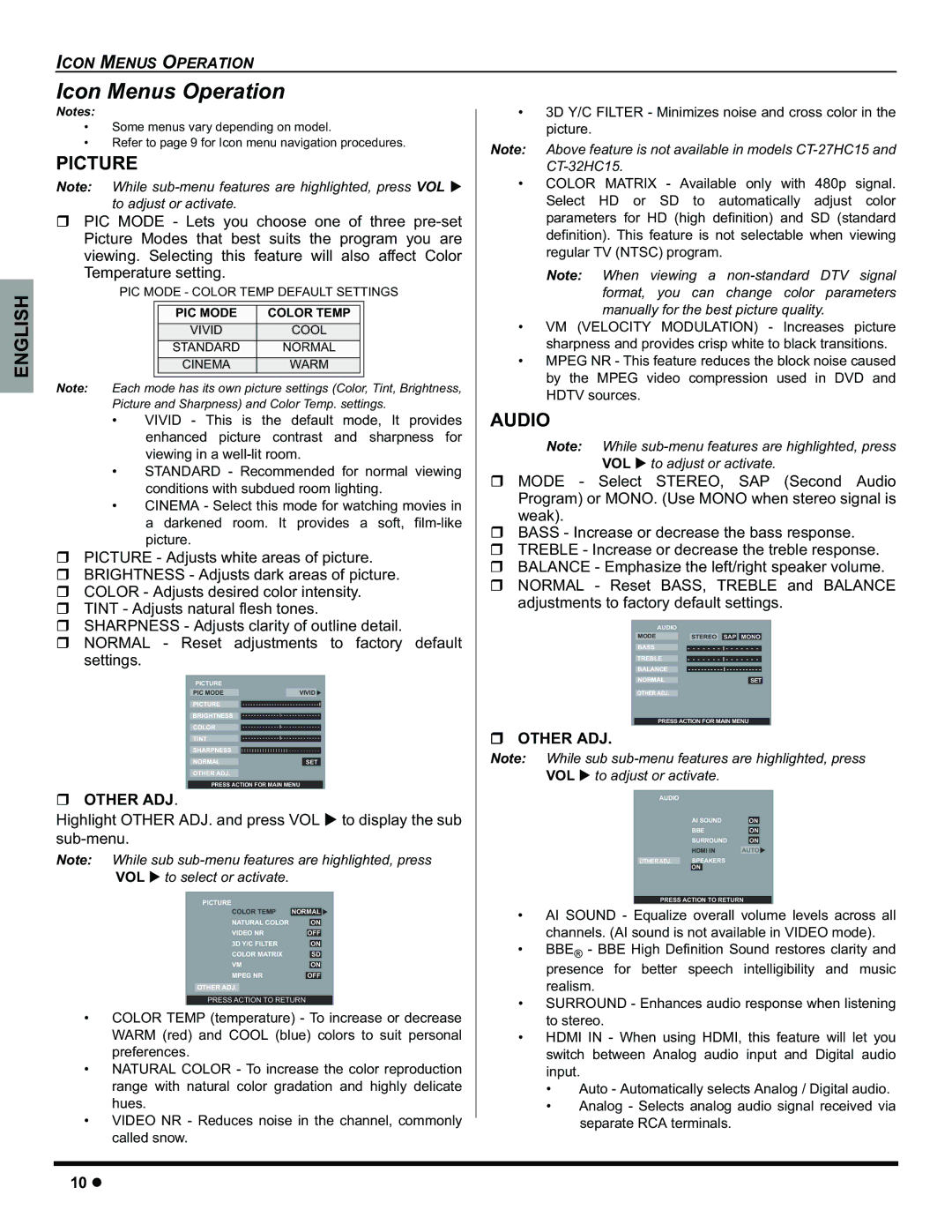 Panasonic CT-32HC15 manual Icon Menus Operation, Picture, Audio, ˆ Other ADJ 