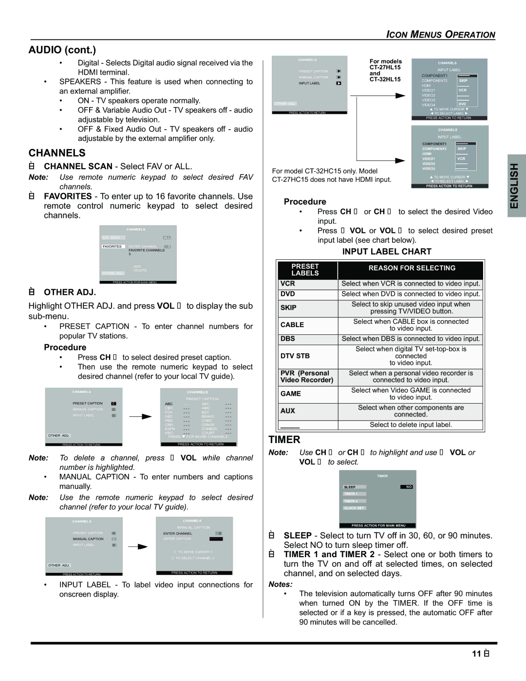 Panasonic CT-32HC15 Audio, Channels, Timer, Input Label Chart, Manual Caption To enter numbers and captions manually 