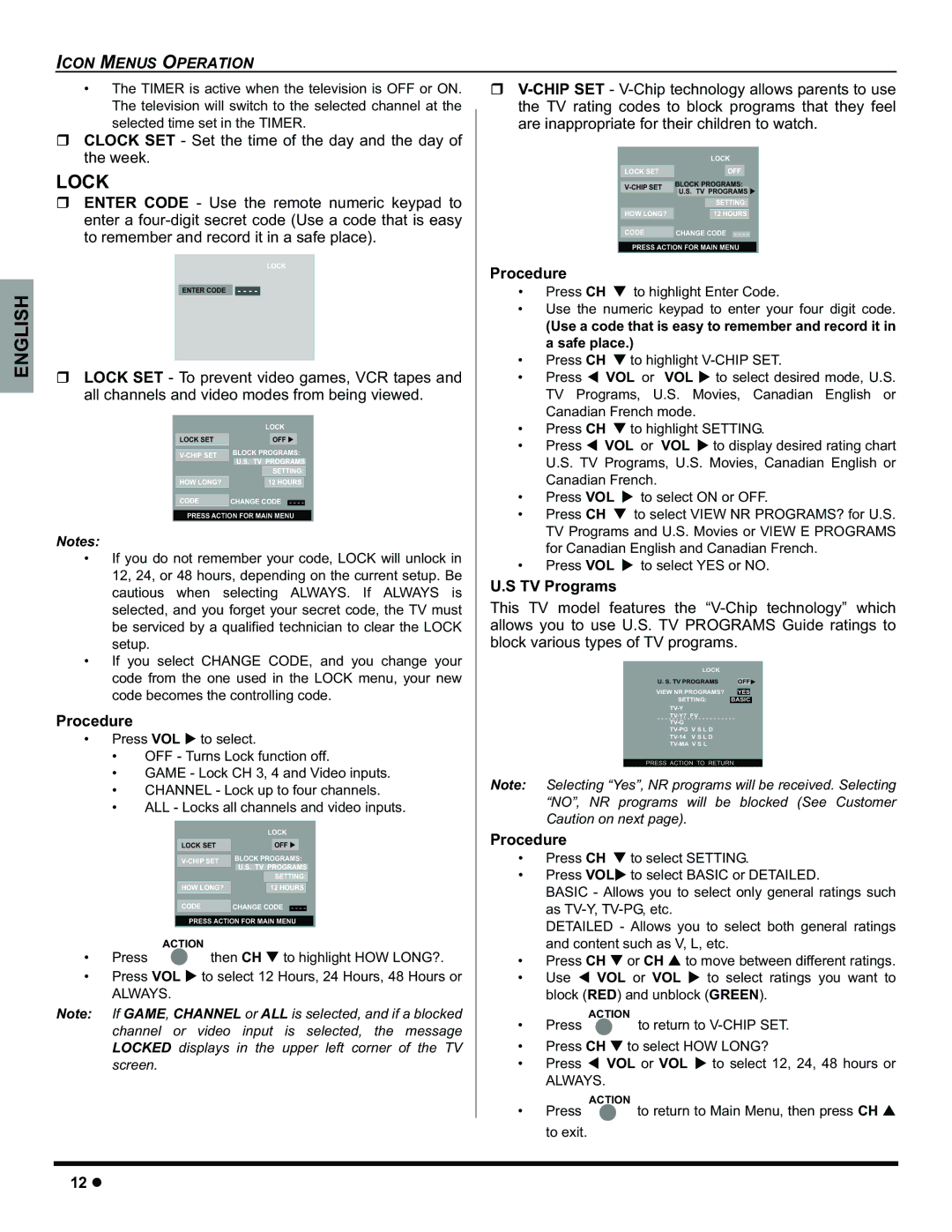 Panasonic CT-32HC15 manual Lock, TV Programs, Press VOL X to select 12 Hours, 24 Hours, 48 Hours or 