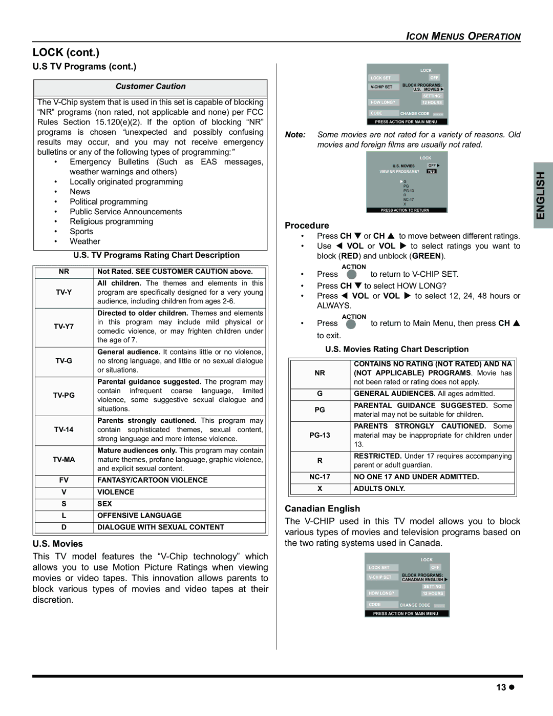 Panasonic CT-32HC15 manual Lock, Movies, Canadian English 