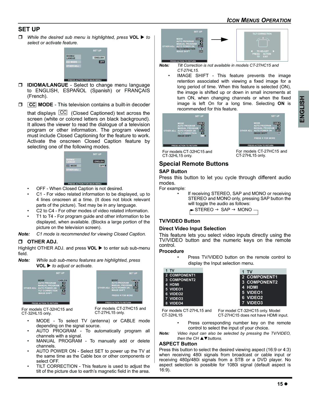 Panasonic CT-32HC15 manual Set Up, Special Remote Buttons, SAP Button, TV/VIDEO Button Direct Video Input Selection 