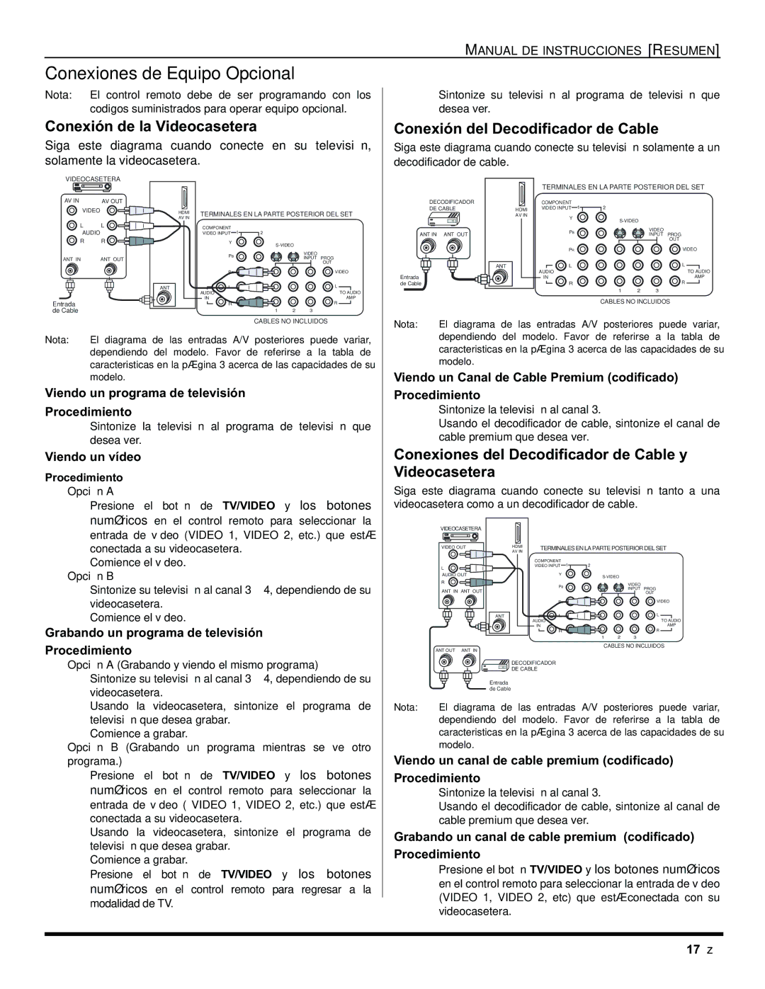 Panasonic CT-32HC15 manual Conexiones de Equipo Opcional, Conexión de la Videocasetera, Conexión del Decodificador de Cable 