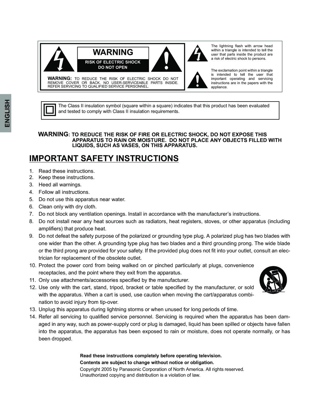 Panasonic CT-32HC15 manual English, Risk of Electric Shock Do not Open 