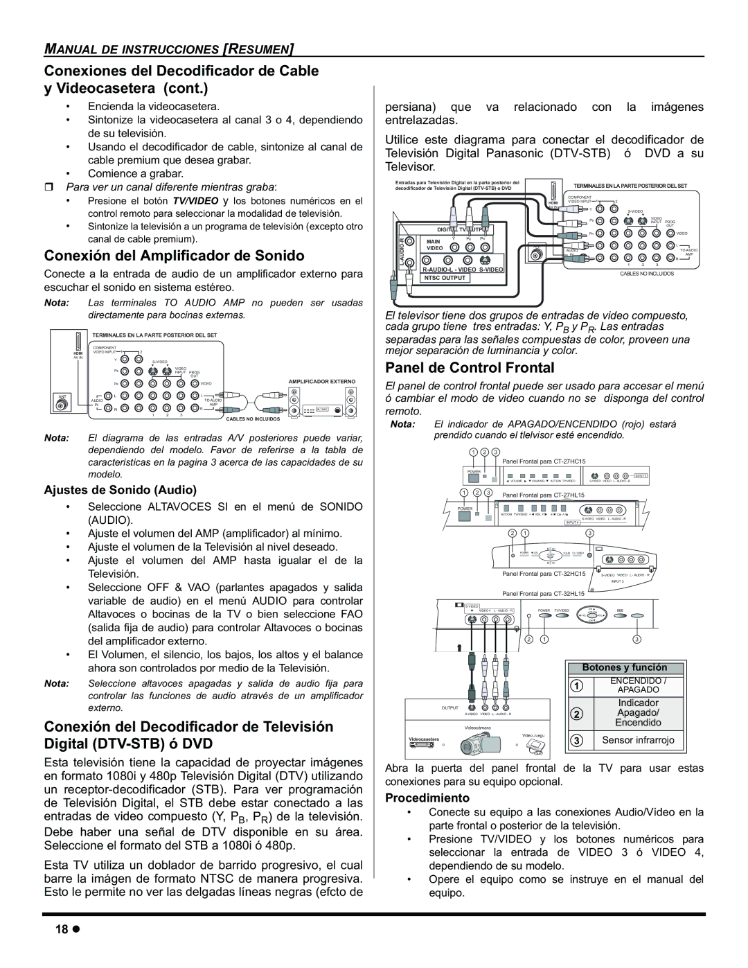 Panasonic CT-32HC15 manual Conexión del Amplificador de Sonido, Panel de Control Frontal, Ajustes de Sonido Audio 