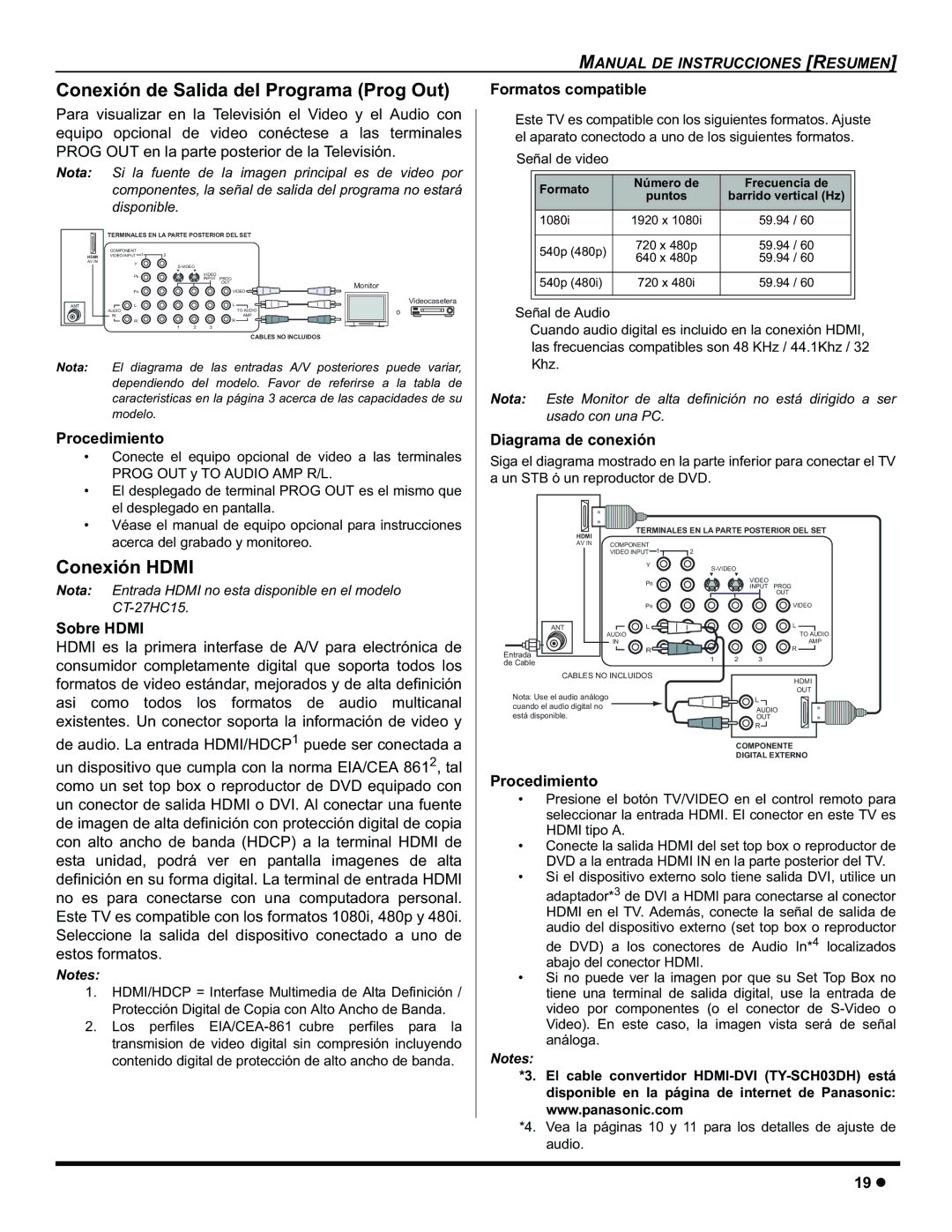 Panasonic CT-32HC15 Conexión de Salida del Programa Prog Out, Conexión Hdmi, Formatos compatible, Diagrama de conexión 