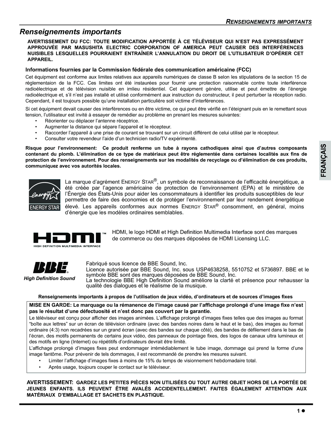 Panasonic CT-32HC15 manual Renseignements importants 