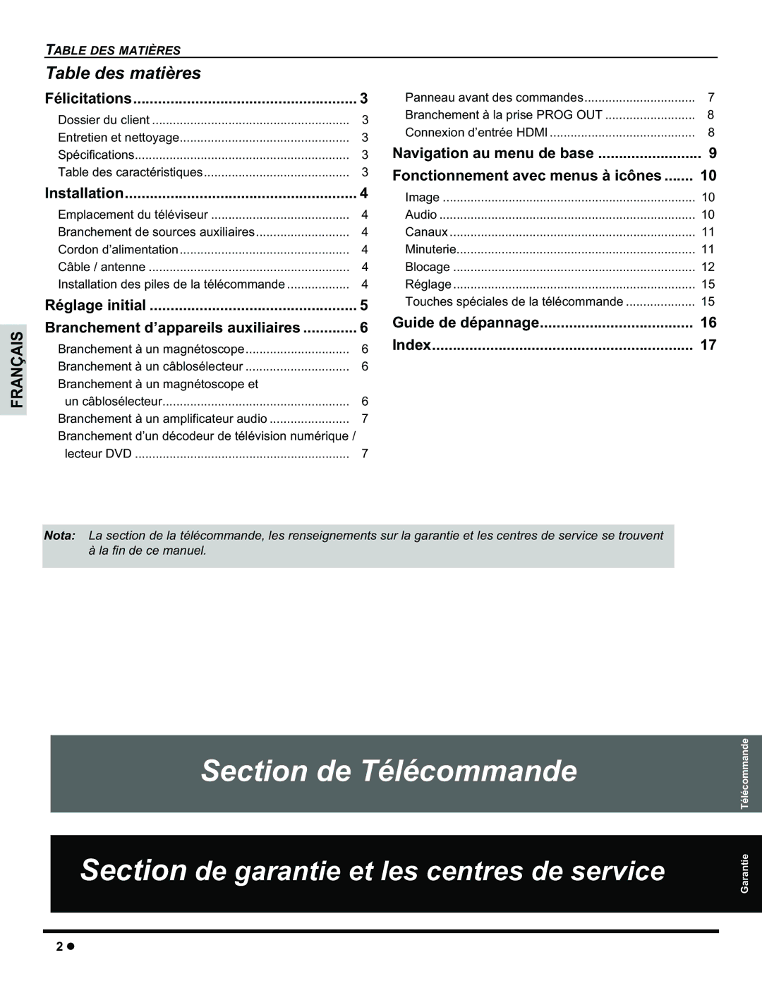 Panasonic CT-32HC15 manual Table des matières, Félicitations, Réglage initial Branchement d’appareils auxiliaires 