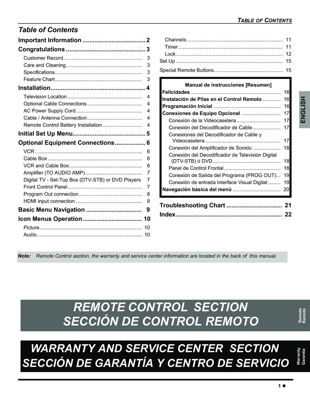 Panasonic CT-32HC15 manual Remote Control Section Sección DE Control Remoto, Table of Contents 