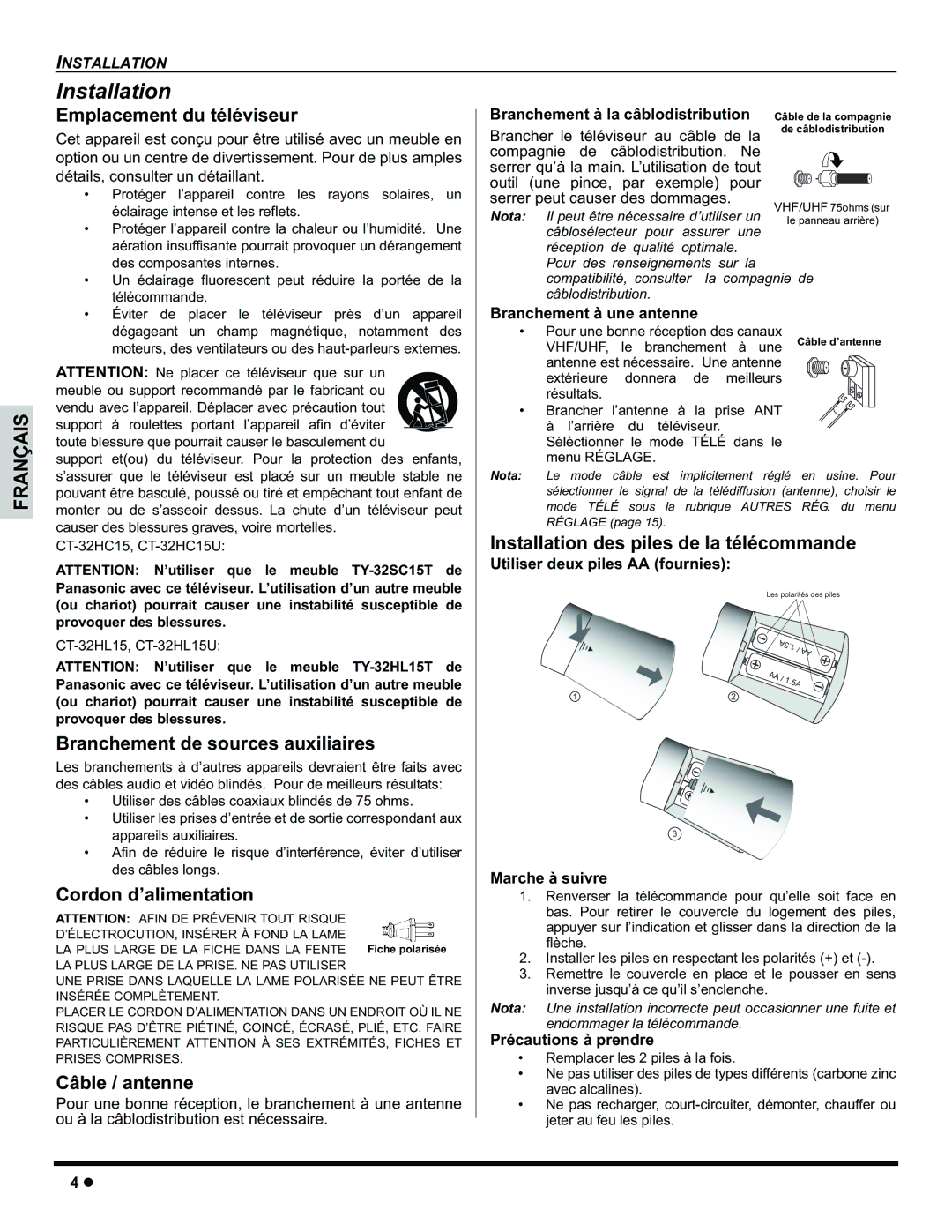 Panasonic CT-32HC15 Emplacement du téléviseur, Branchement de sources auxiliaires, Cordon d’alimentation, Câble / antenne 