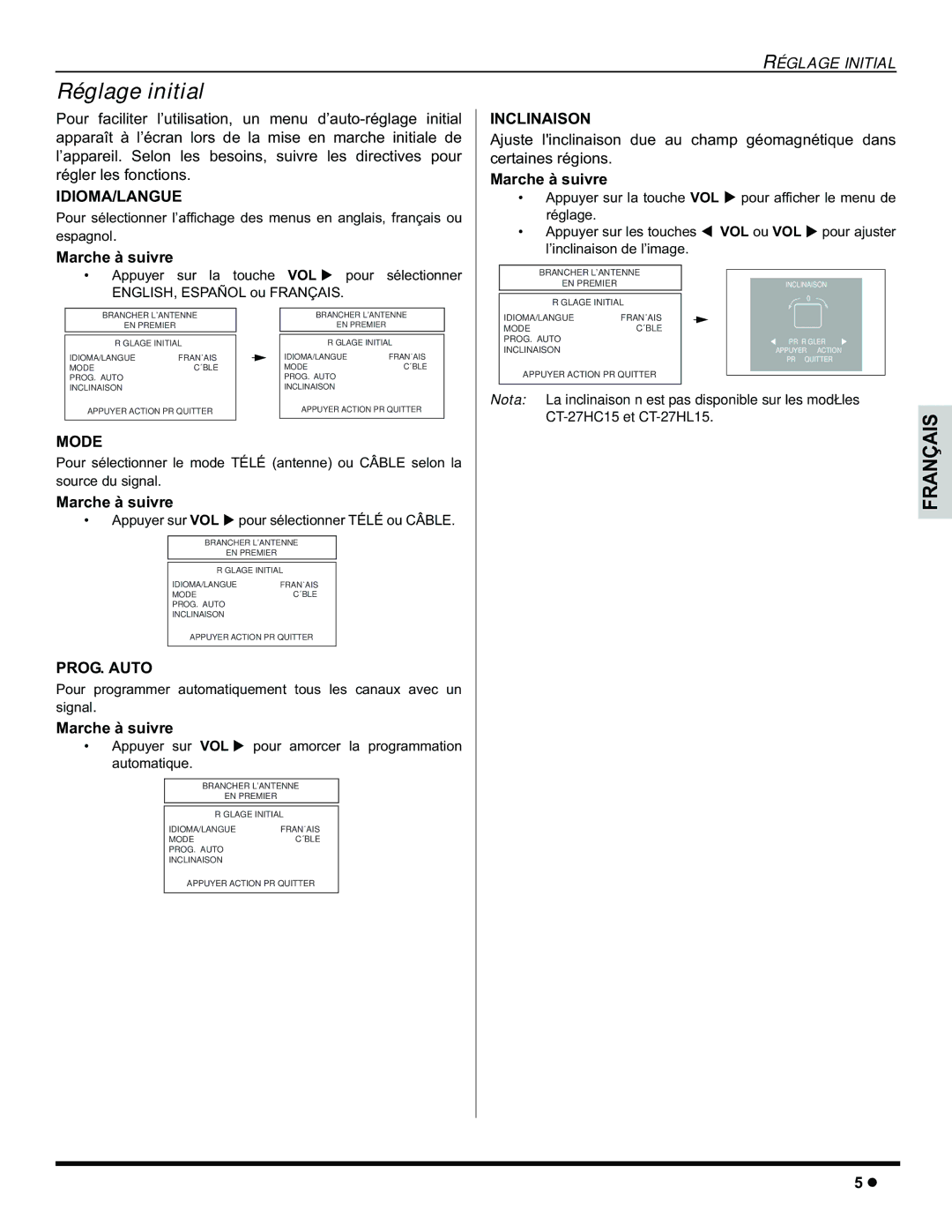 Panasonic CT-32HC15 manual Réglage initial, PROG. Auto, Inclinaison, Appuyer sur VOL X pour sélectionner Télé ou Câble 