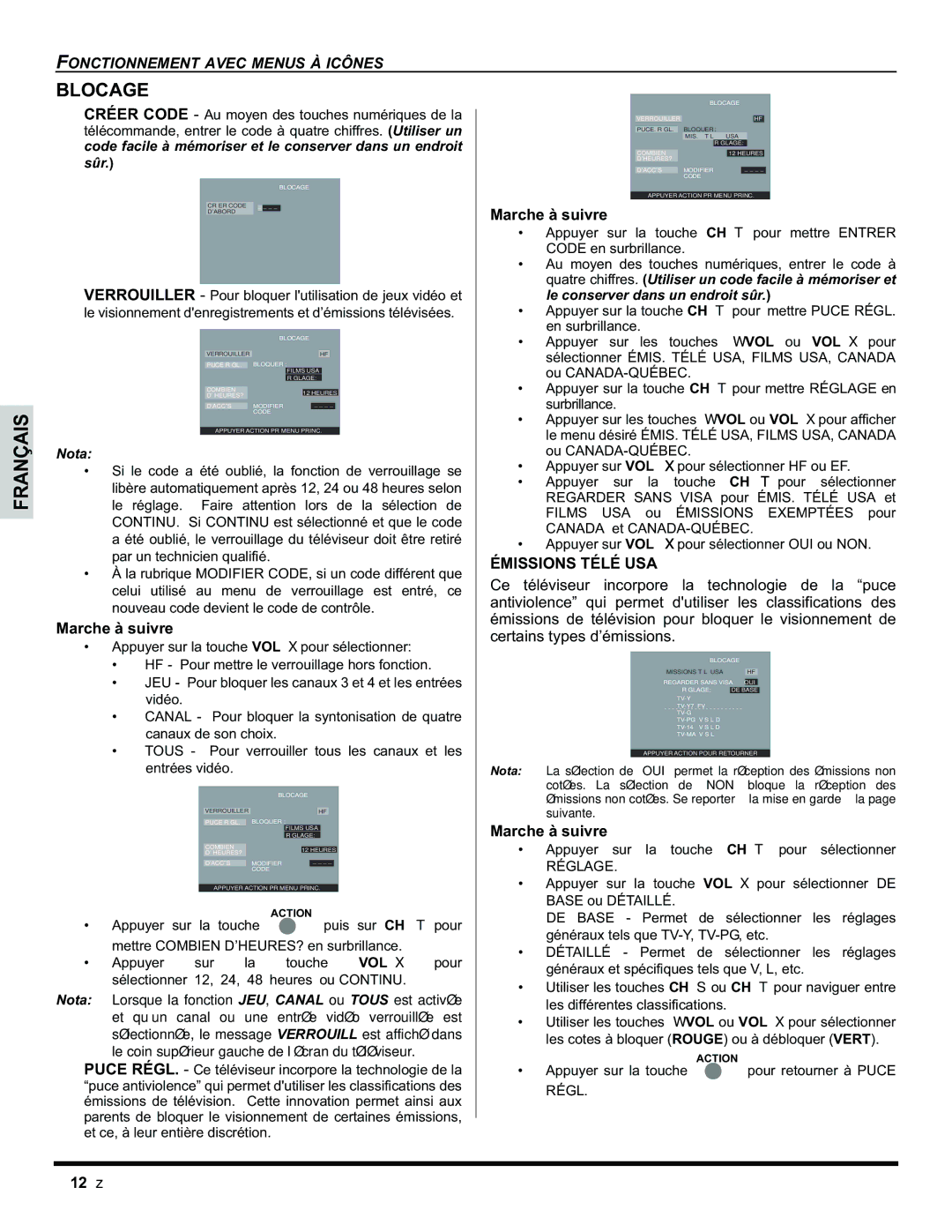 Panasonic CT-32HC15 manual Blocage, Émissions Télé USA, Appuyer sur la touche CH T pour sélectionner 