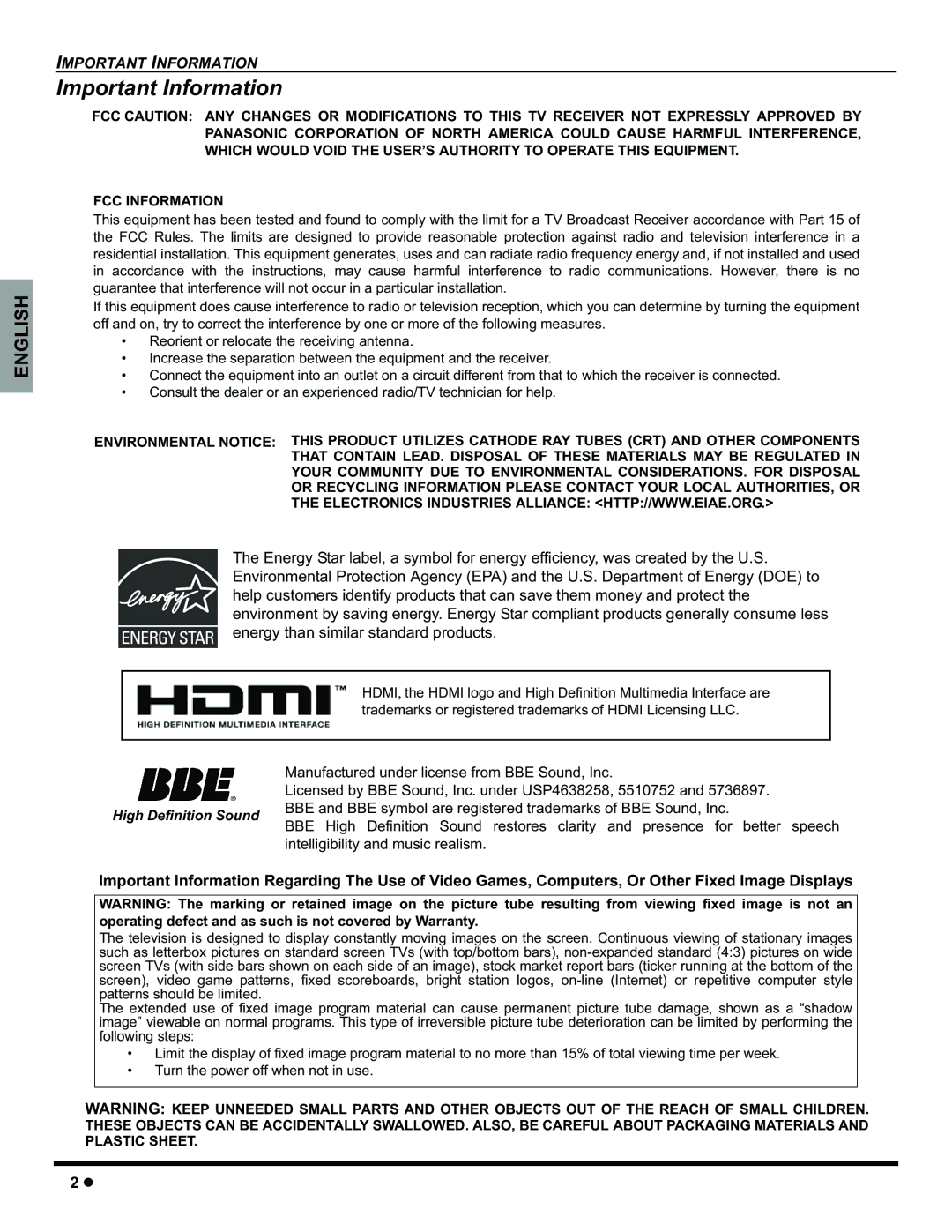 Panasonic CT-32HC15 manual Important Information 