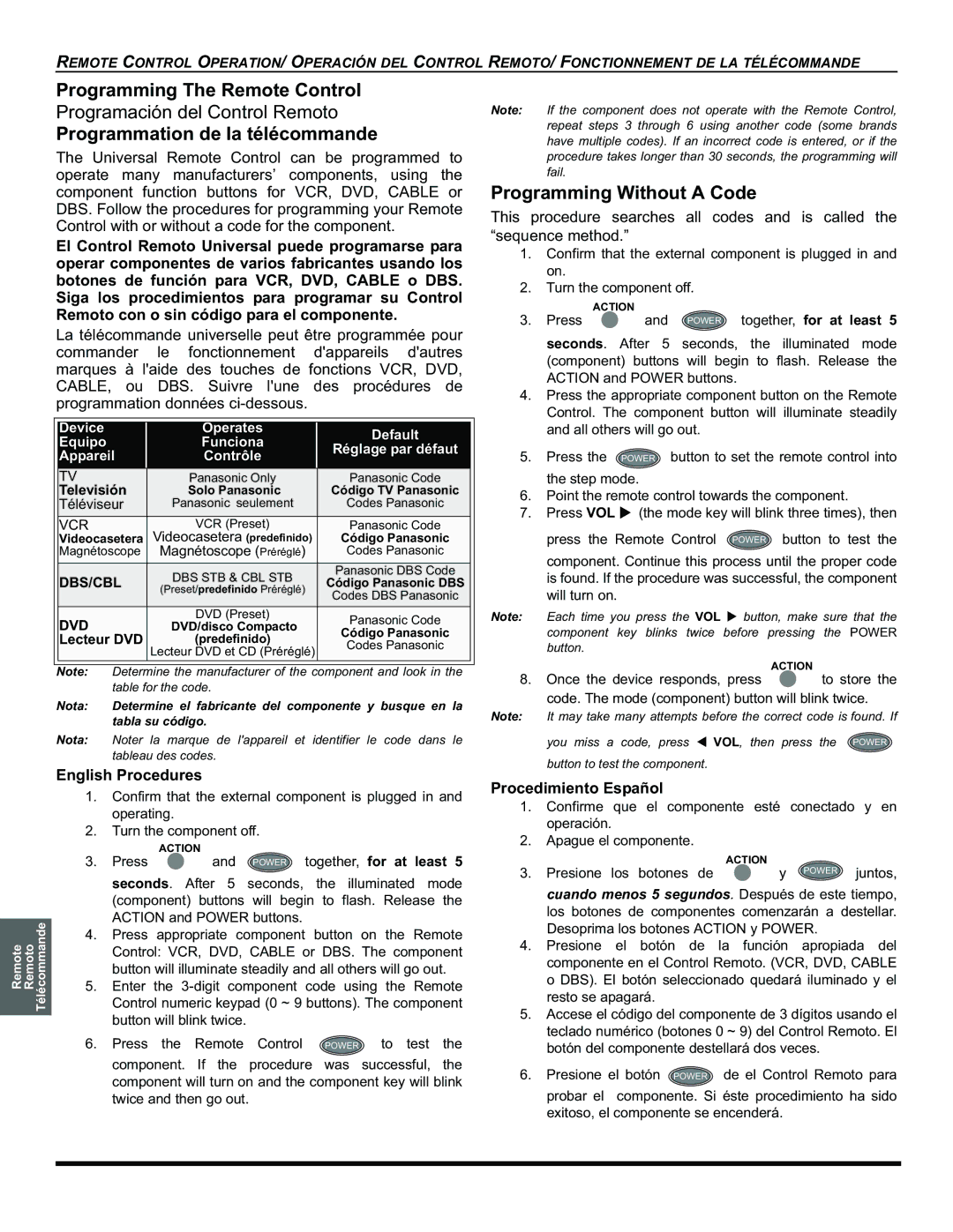 Panasonic CT-32HC15 manual Programming The Remote Control, Programmation de la télécommande, Programming Without a Code 