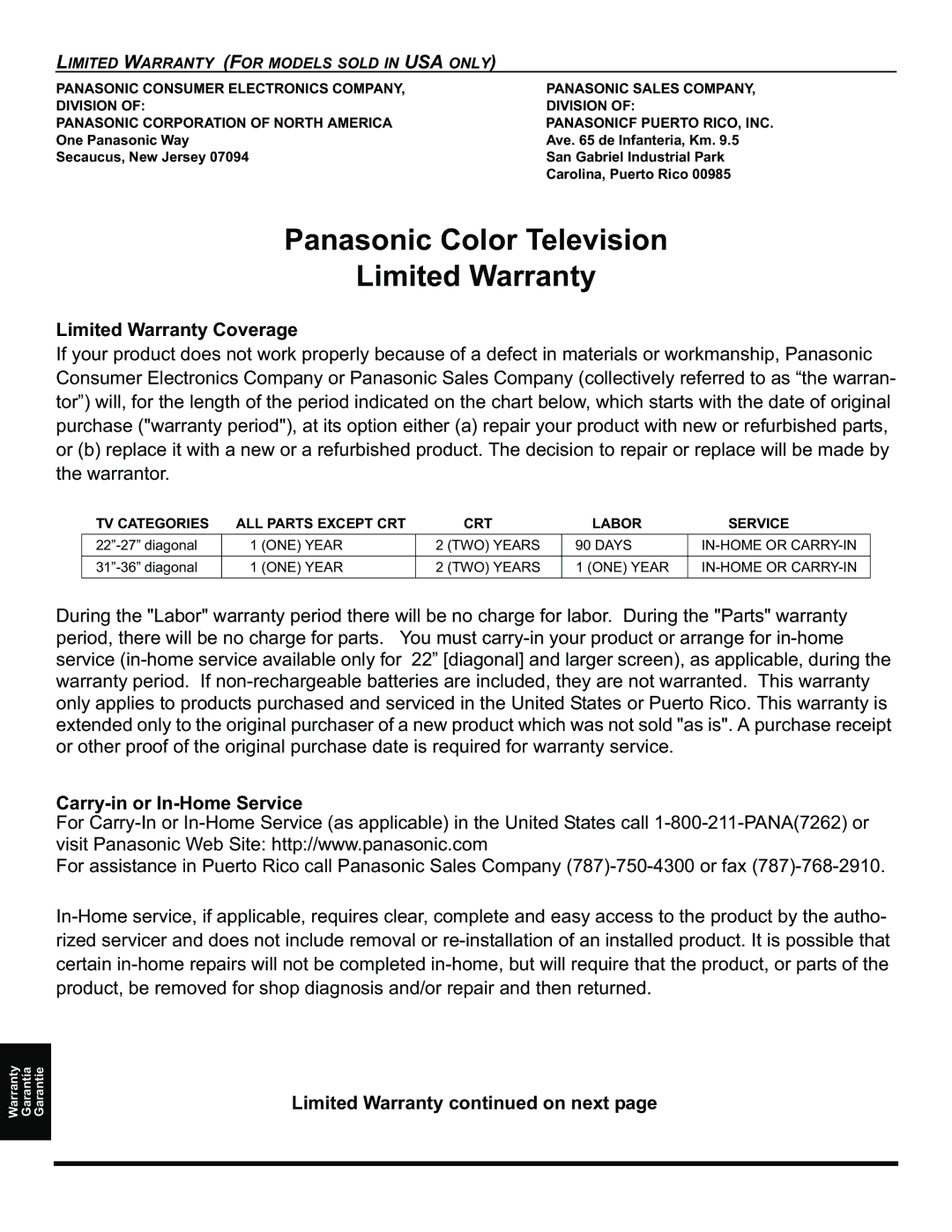 Panasonic CT-32HC15 manual Limited Warranty Coverage, Carry-in or In-Home Service, Limited Warranty on next, Diagonal 