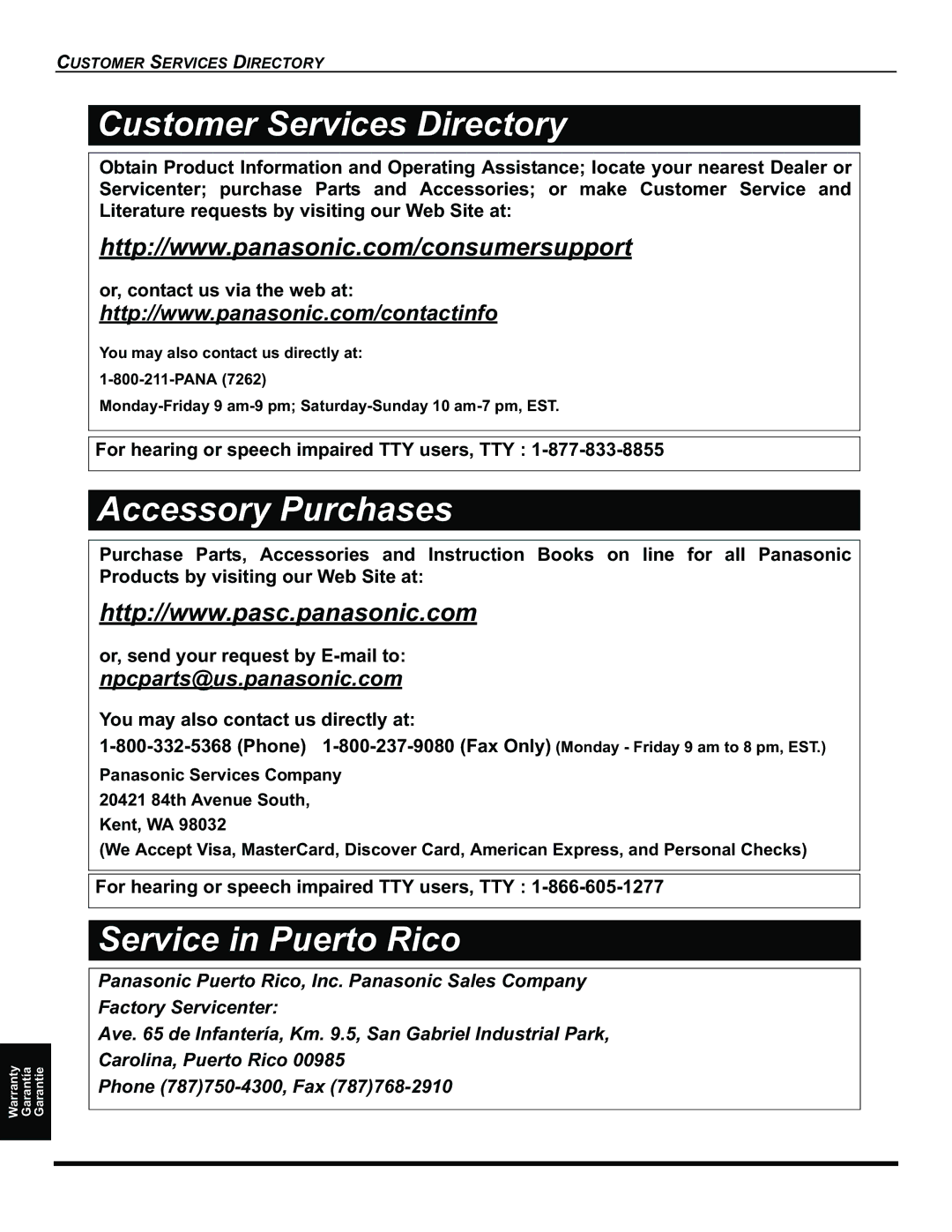 Panasonic CT-32HC15 manual Npcparts@us.panasonic.com, For hearing or speech impaired TTY users, TTY 