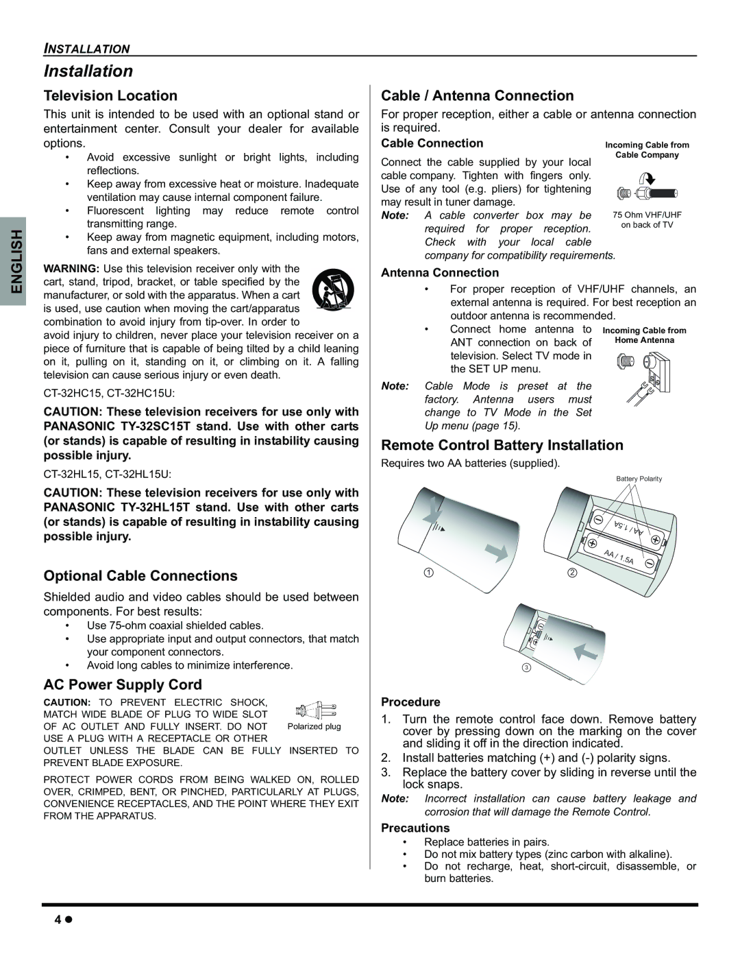 Panasonic CT-32HC15 manual Installation 