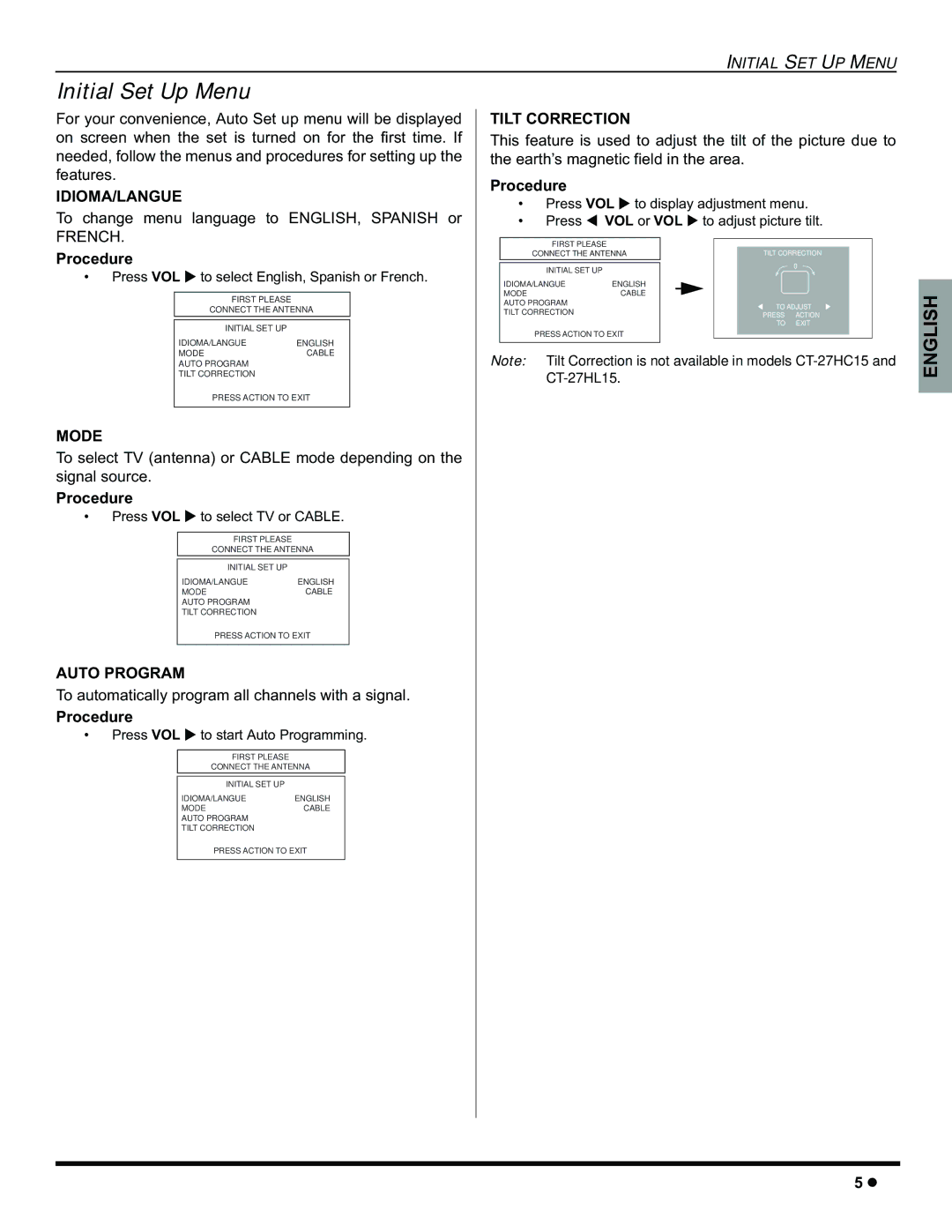 Panasonic CT-32HC15 manual Initial Set Up Menu, Idioma/Langue, Mode, Auto Program, Tilt Correction 