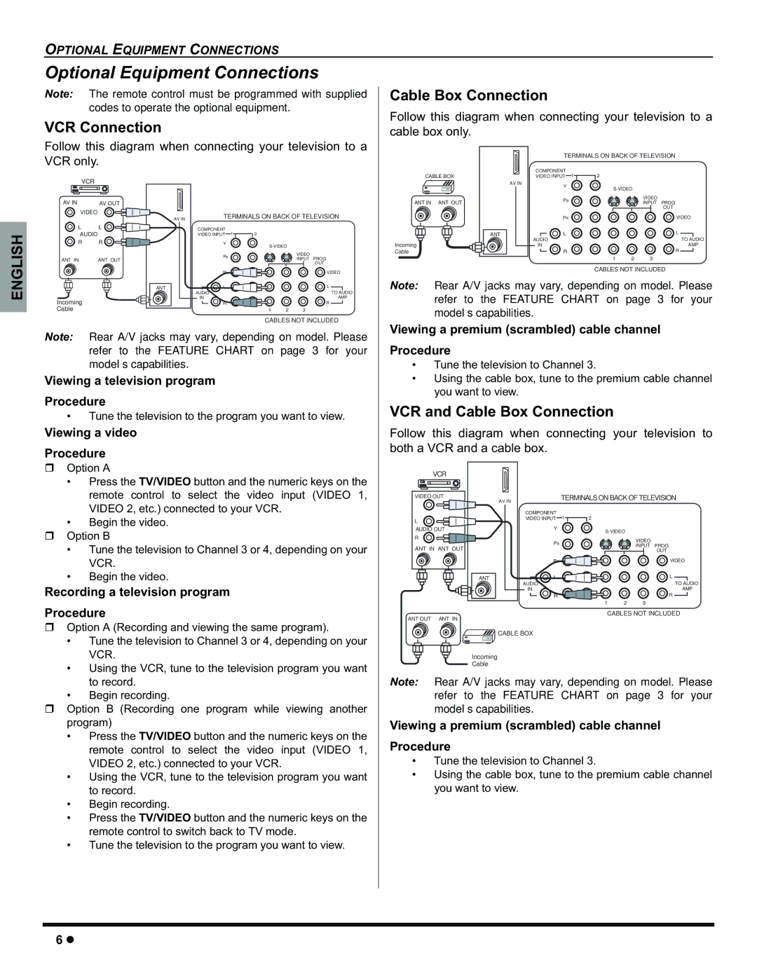 Panasonic CT-32HC15 Optional Equipment Connections, VCR Connection Cable Box Connection, VCR and Cable Box Connection 