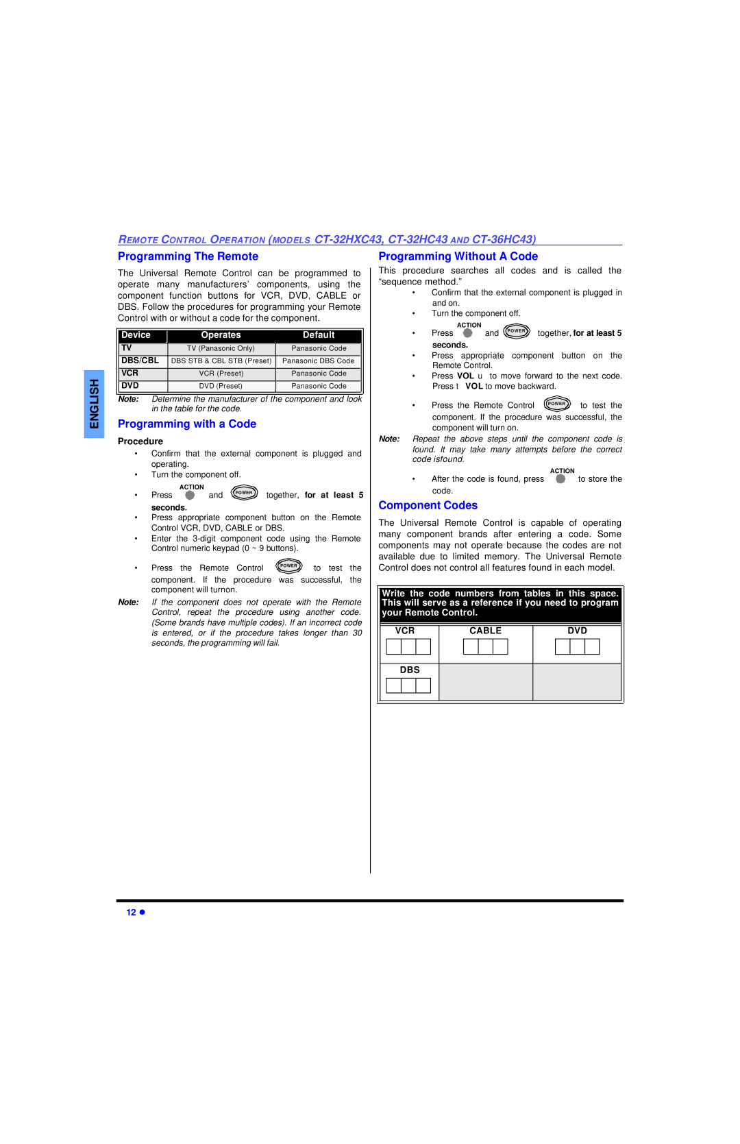 Panasonic CT 32HL43 Programming The Remote, Programming with a Code, Programming Without a Code, Component Codes 