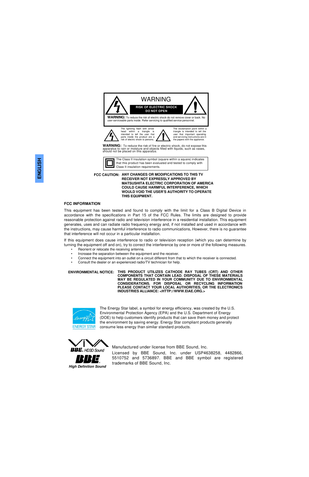 Panasonic CT 32HL43 manuel dutilisation English 