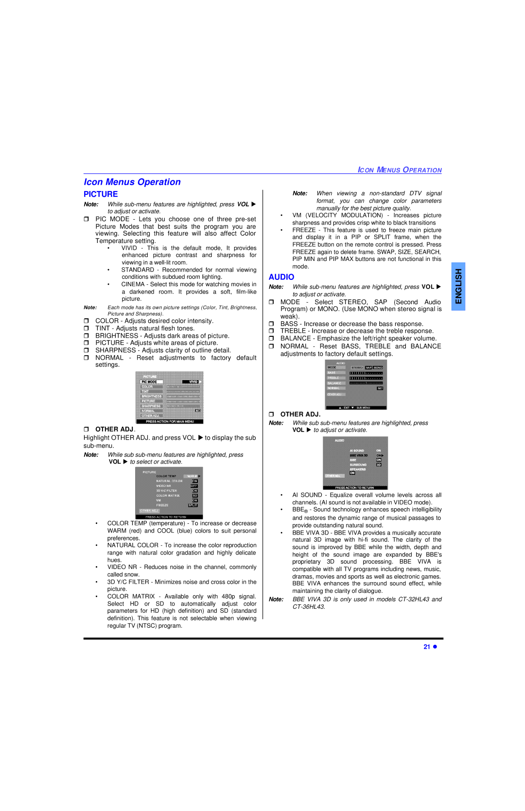 Panasonic CT 32HL43 manuel dutilisation Icon Menus Operation, Other ADJ 