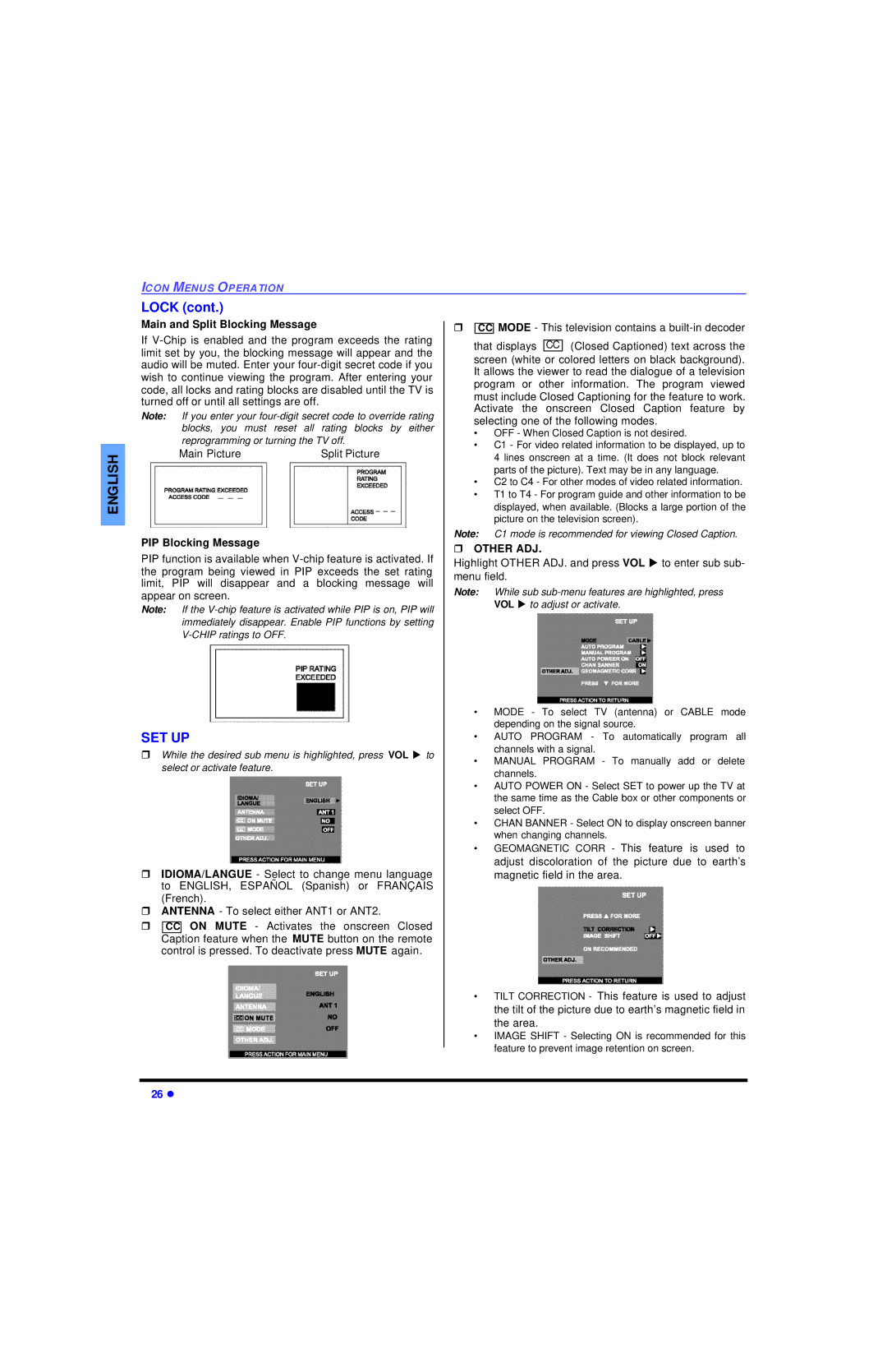 Panasonic CT 32HL43 manuel dutilisation Main and Split Blocking Message, PIP Blocking Message 