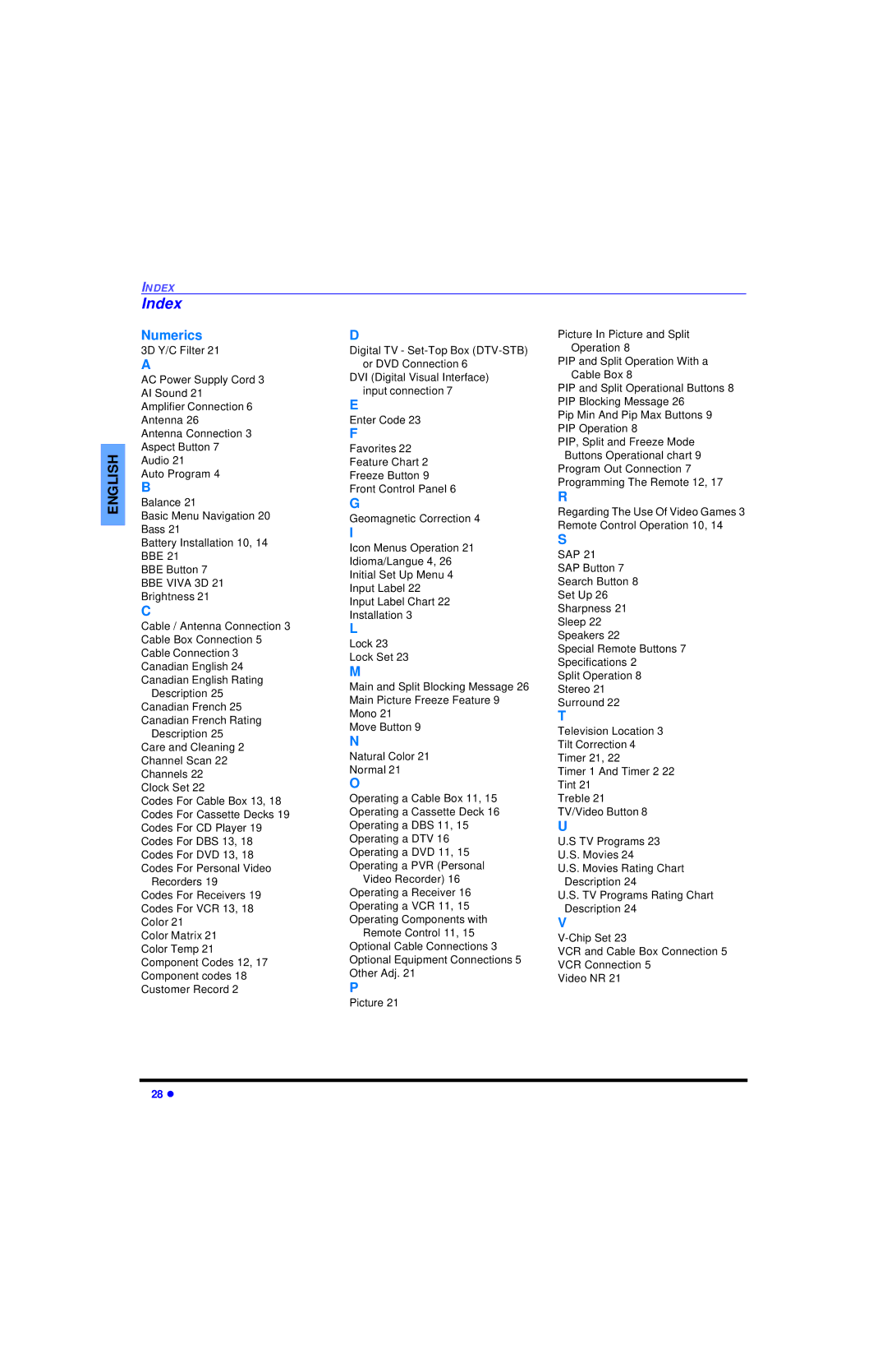 Panasonic CT 32HL43 manuel dutilisation Index, Numerics 