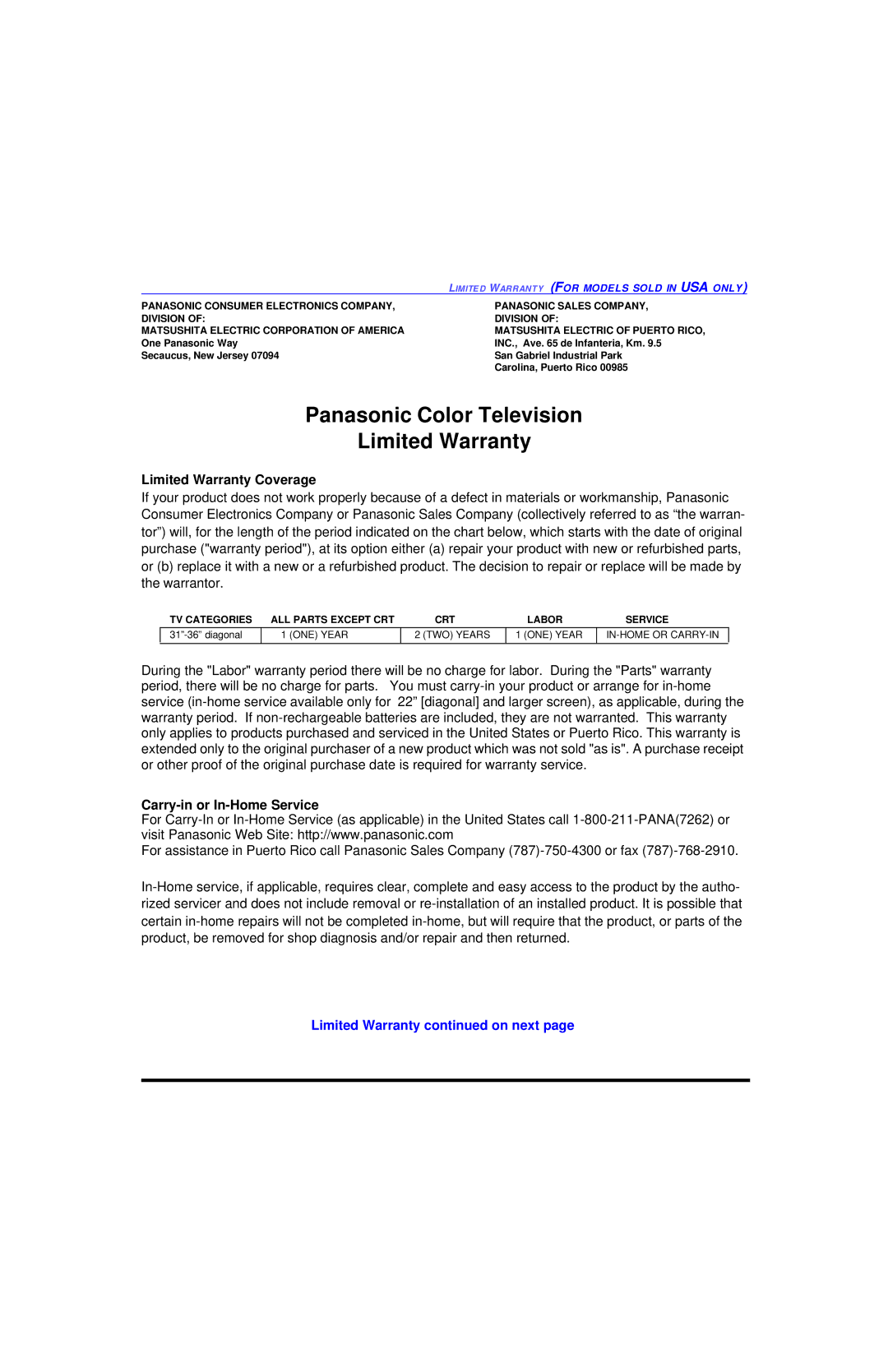 Panasonic CT 32HL43 manuel dutilisation Limited Warranty on next, Limite D Warranty for Models Sold in USA only 