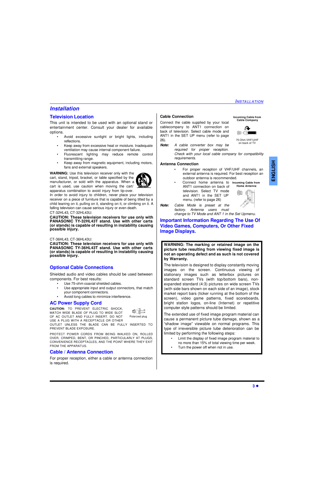 Panasonic CT 32HL43 manuel dutilisation Installation, Television Location, Optional Cable Connections, AC Power Supply Cord 