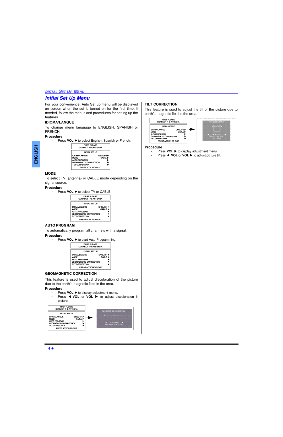 Panasonic CT 32HL43 manuel dutilisation Initial Set Up Menu, Procedure 