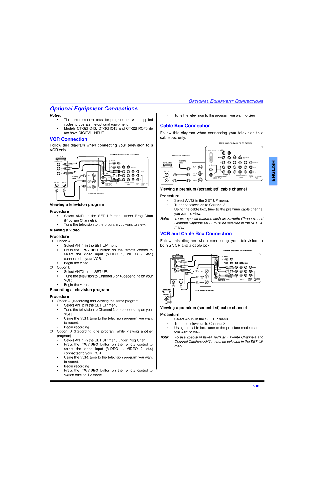 Panasonic CT 32HL43 manuel dutilisation Optional Equipment Connections, VCR Connection, VCR and Cable Box Connection 