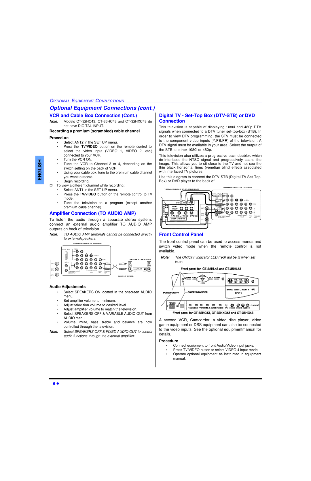 Panasonic CT 32HL43 Amplifier Connection to Audio AMP, Digital TV Set-Top Box DTV-STB or DVD Connection, Audio Adjustments 