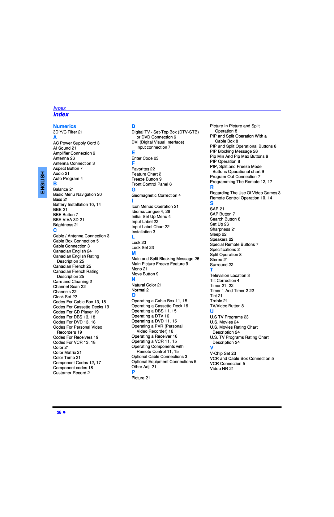 Panasonic CT 32HL43 manuel dutilisation Index, Numerics 