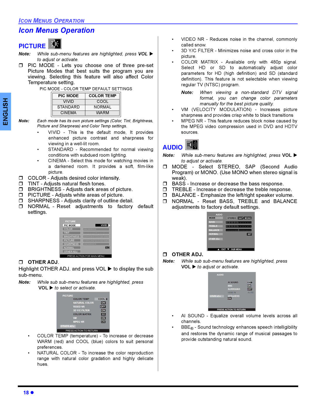 Panasonic CT-32HL44, CT 36HL44 manuel dutilisation Icon Menus Operation, Picture, Audio, ˆ Other ADJ 