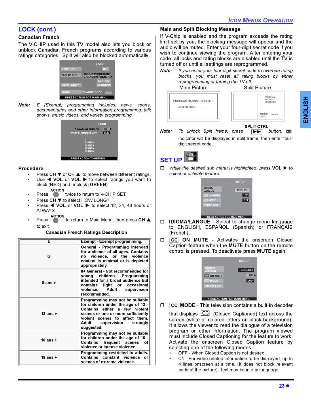 Panasonic CT 36HL44, CT-32HL44 Set Up, Main and Split Blocking Message, Canadian French Ratings Description 