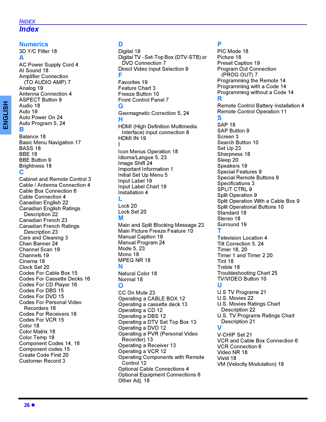 Panasonic CT-32HL44, CT 36HL44 manuel dutilisation Index, Numerics 