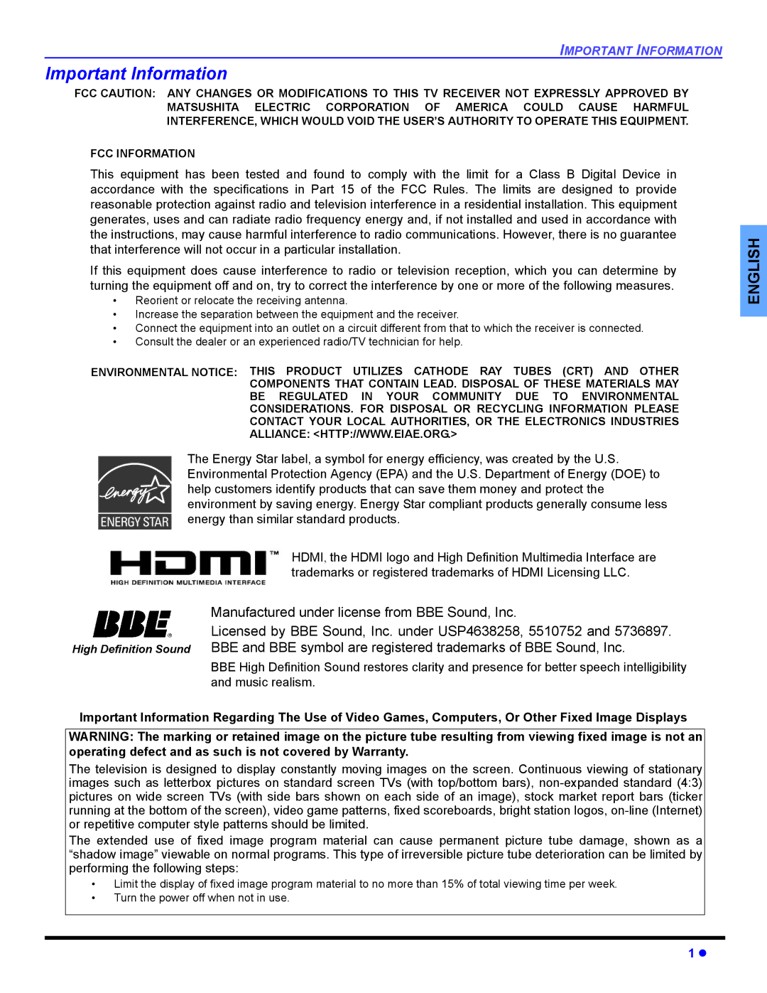 Panasonic CT 36HL44, CT-32HL44 manuel dutilisation Important Information 