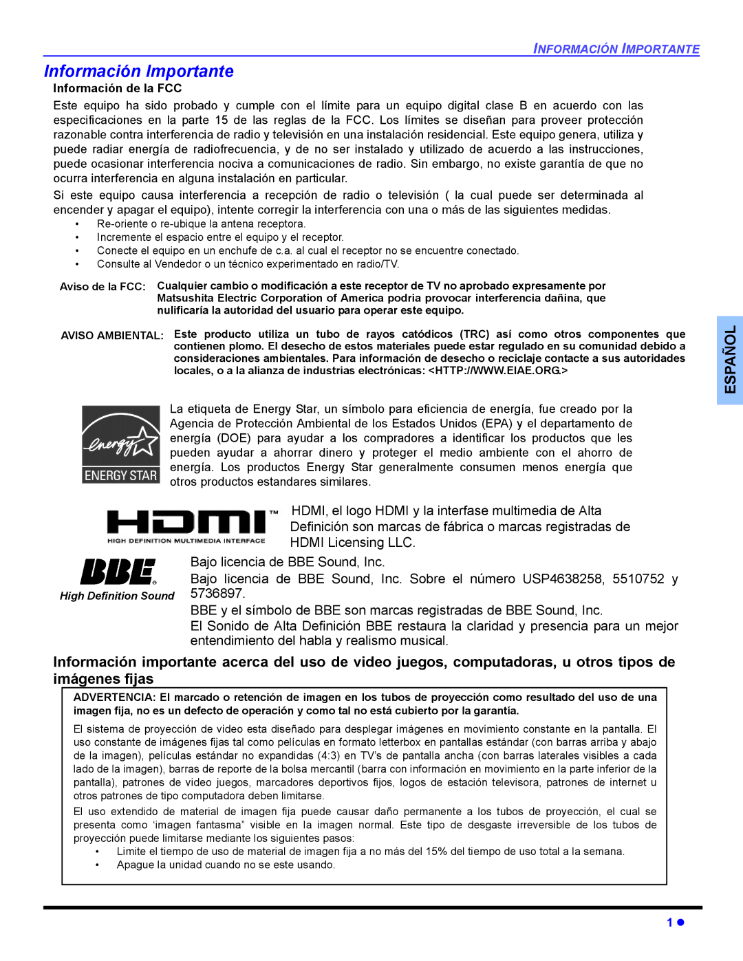 Panasonic CT 36HL44, CT-32HL44 manuel dutilisation Información Importante, Información de la FCC 