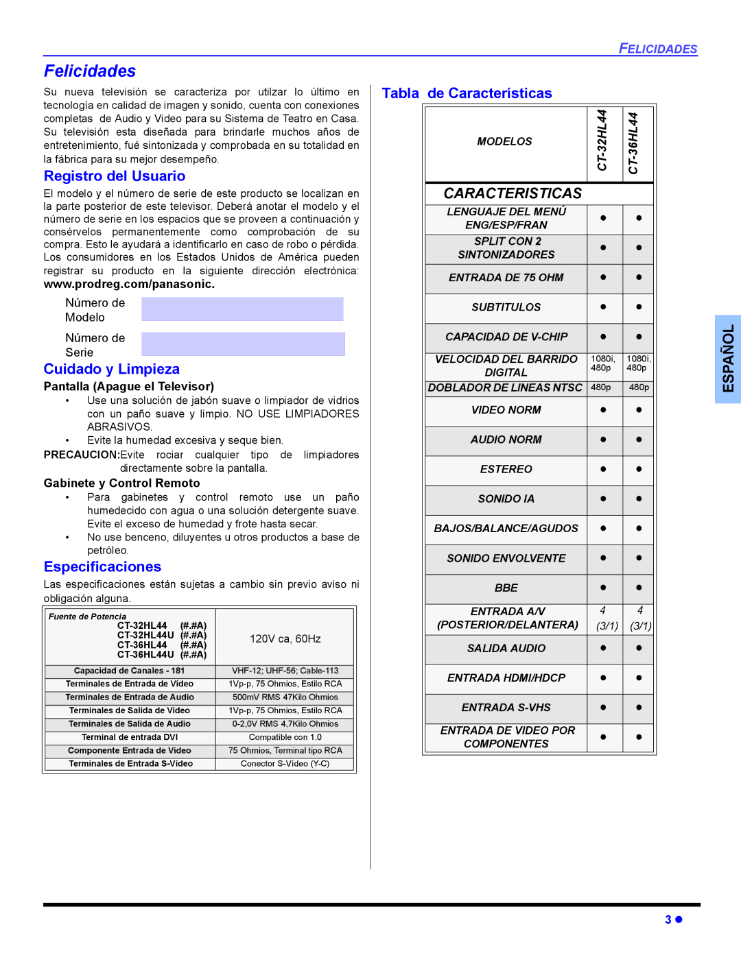 Panasonic CT 36HL44 Felicidades, Registro del Usuario, Cuidado y Limpieza, Especificaciones, Tabla de Características 