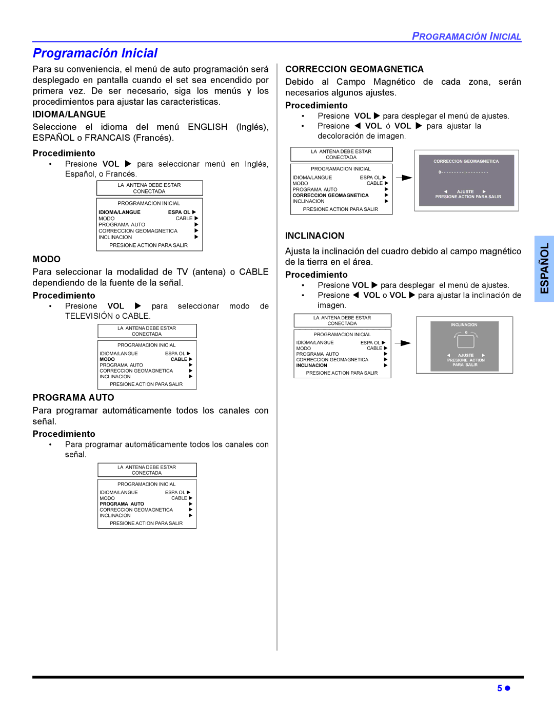 Panasonic CT 36HL44, CT-32HL44 Programación Inicial, Modo, Programa Auto, Correccion Geomagnetica, Inclinacion 