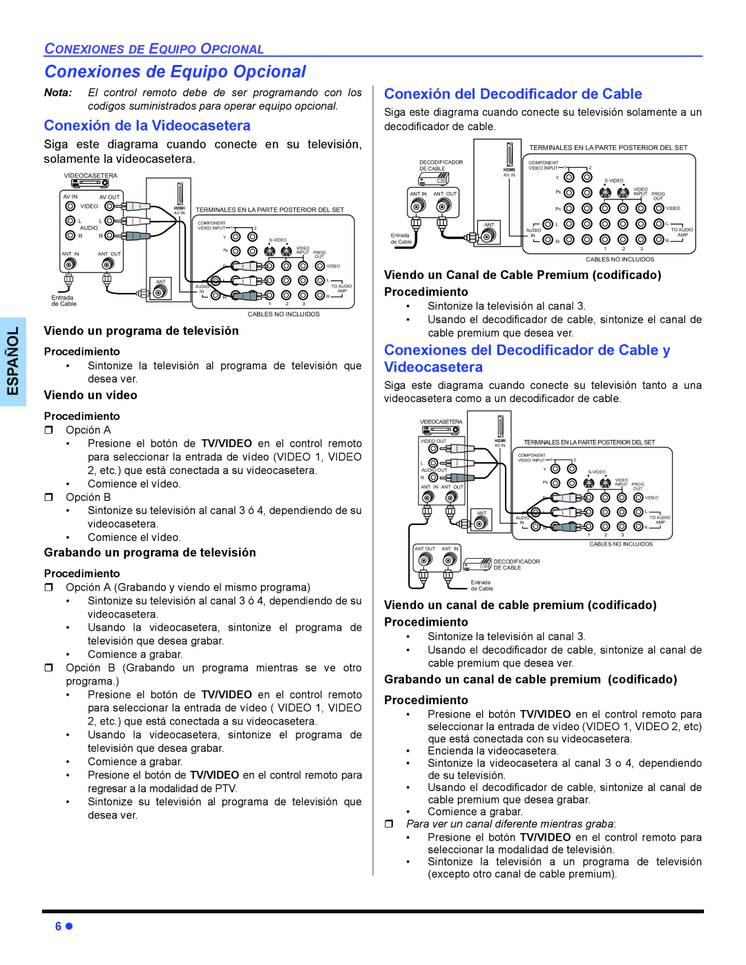 Panasonic CT-32HL44, CT 36HL44 Conexiones de Equipo Opcional, Conexiones del Decodificador de Cable y Videocasetera 