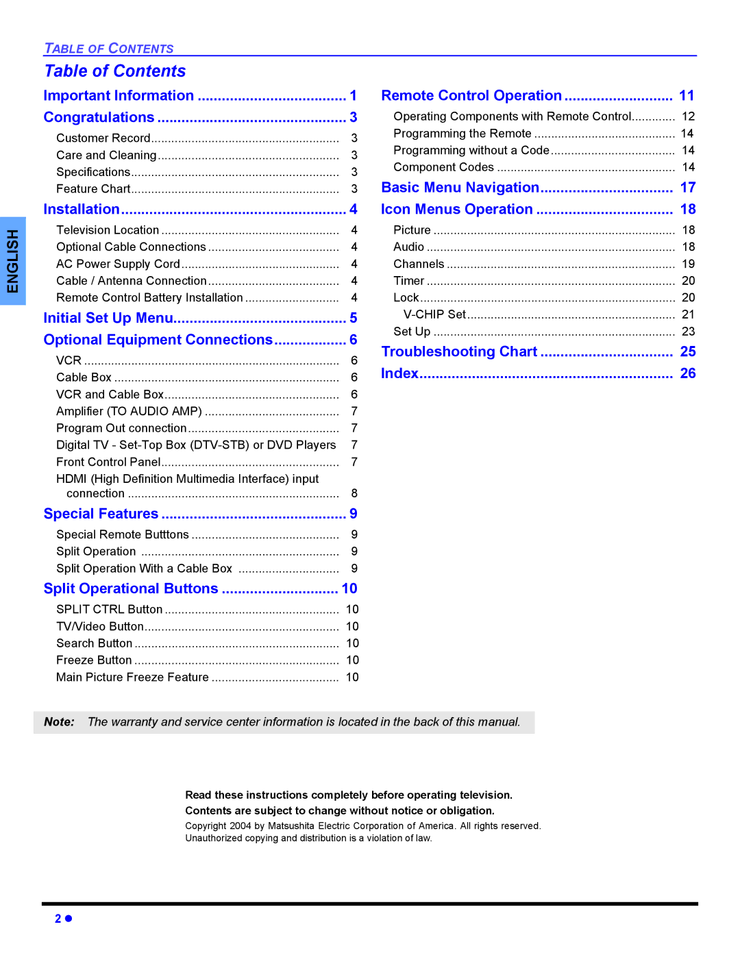 Panasonic CT-32HL44, CT 36HL44 manuel dutilisation Table of Contents 