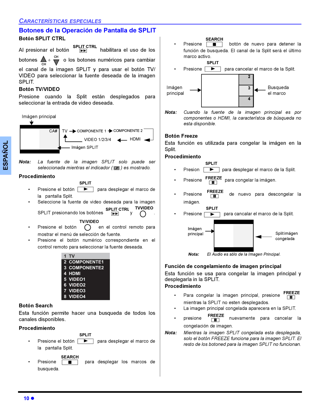 Panasonic CT-32HL44, CT 36HL44 Botones de la Operación de Pantalla de Split, Botón TV/VIDEO, Botón Search, Botón Freeze 