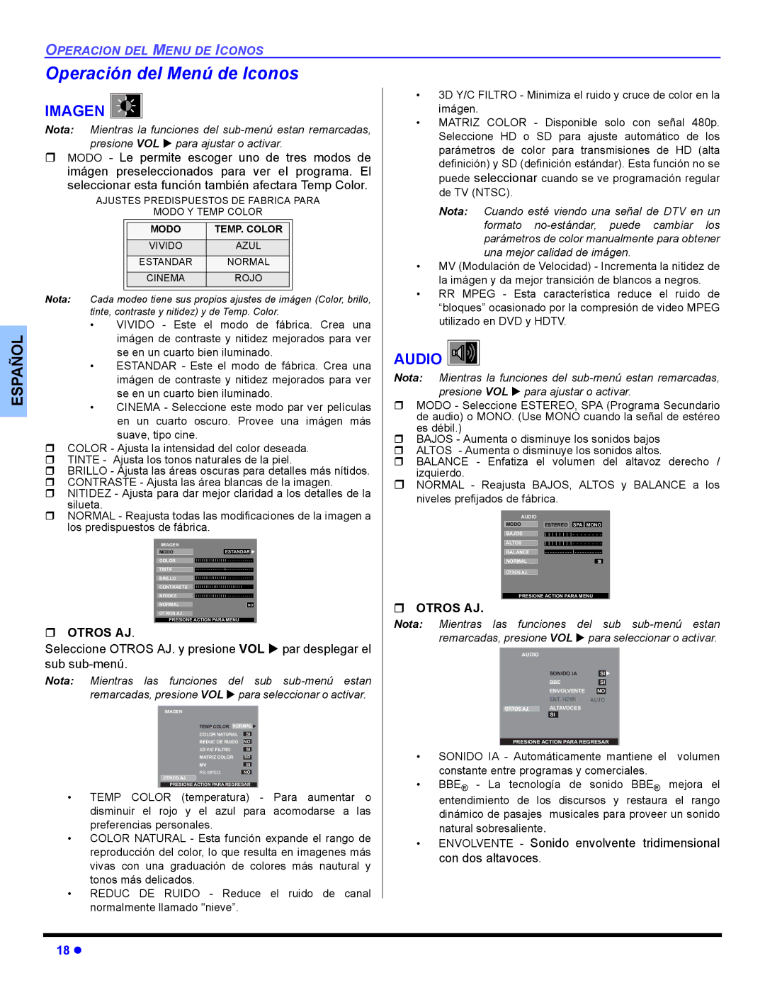 Panasonic CT-32HL44, CT 36HL44 manuel dutilisation Operación del Menú de Iconos, Imagen, ˆ Otros AJ 