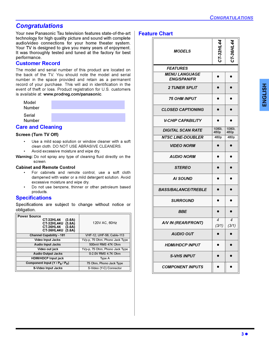 Panasonic CT 36HL44, CT-32HL44 Congratulations, Customer Record, Care and Cleaning, Specifications, Feature Chart 