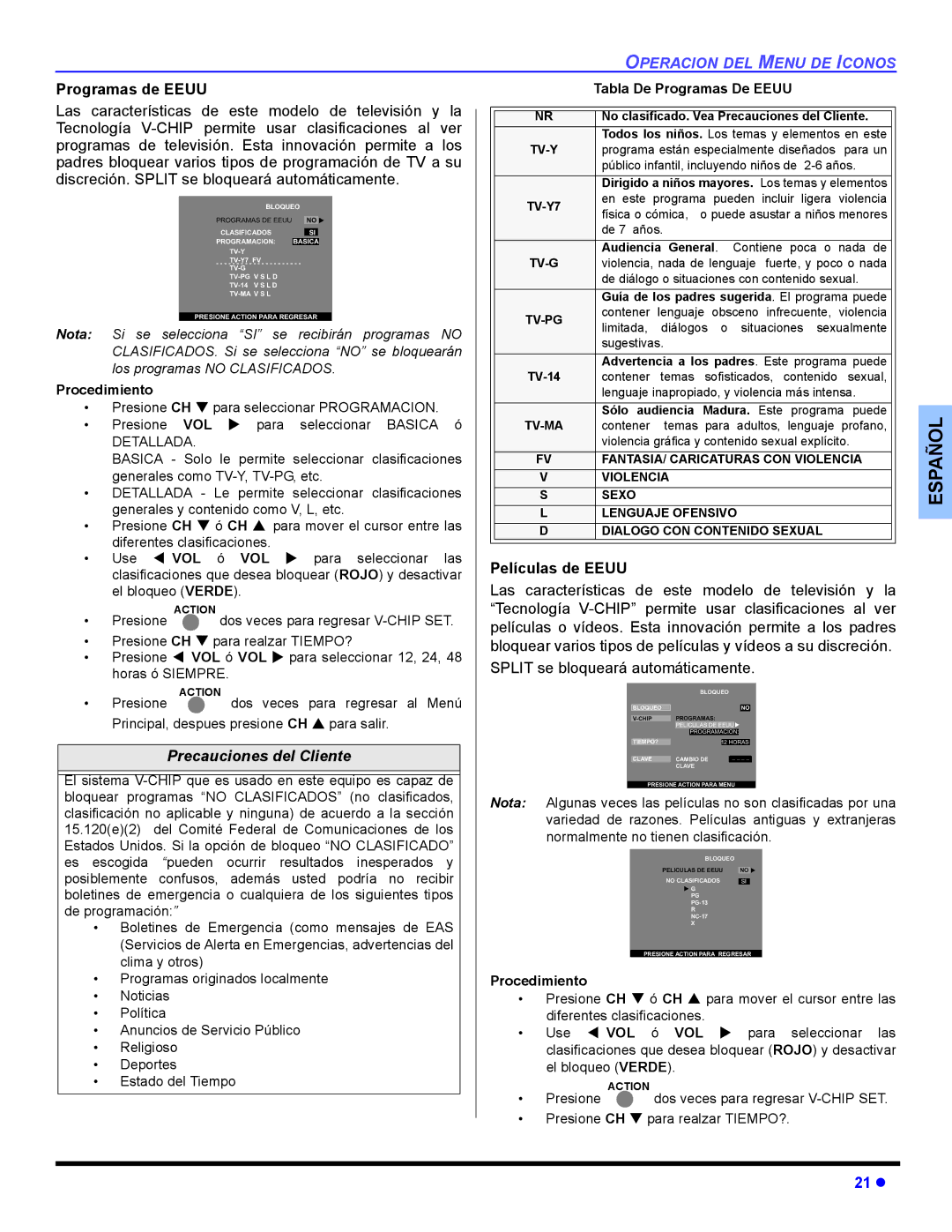 Panasonic CT 36HL44, CT-32HL44 Programas de Eeuu, Películas de Eeuu, Detallada, Vol, Tabla De Programas De Eeuu 