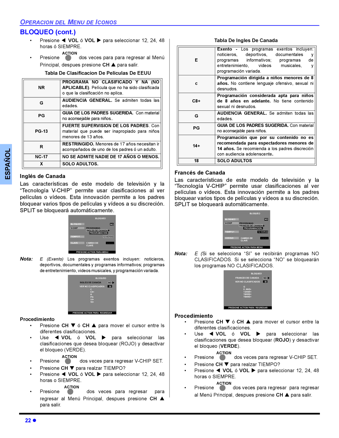 Panasonic CT-32HL44, CT 36HL44 manuel dutilisation Bloqueo, Inglés de Canada, Francés de Canada 