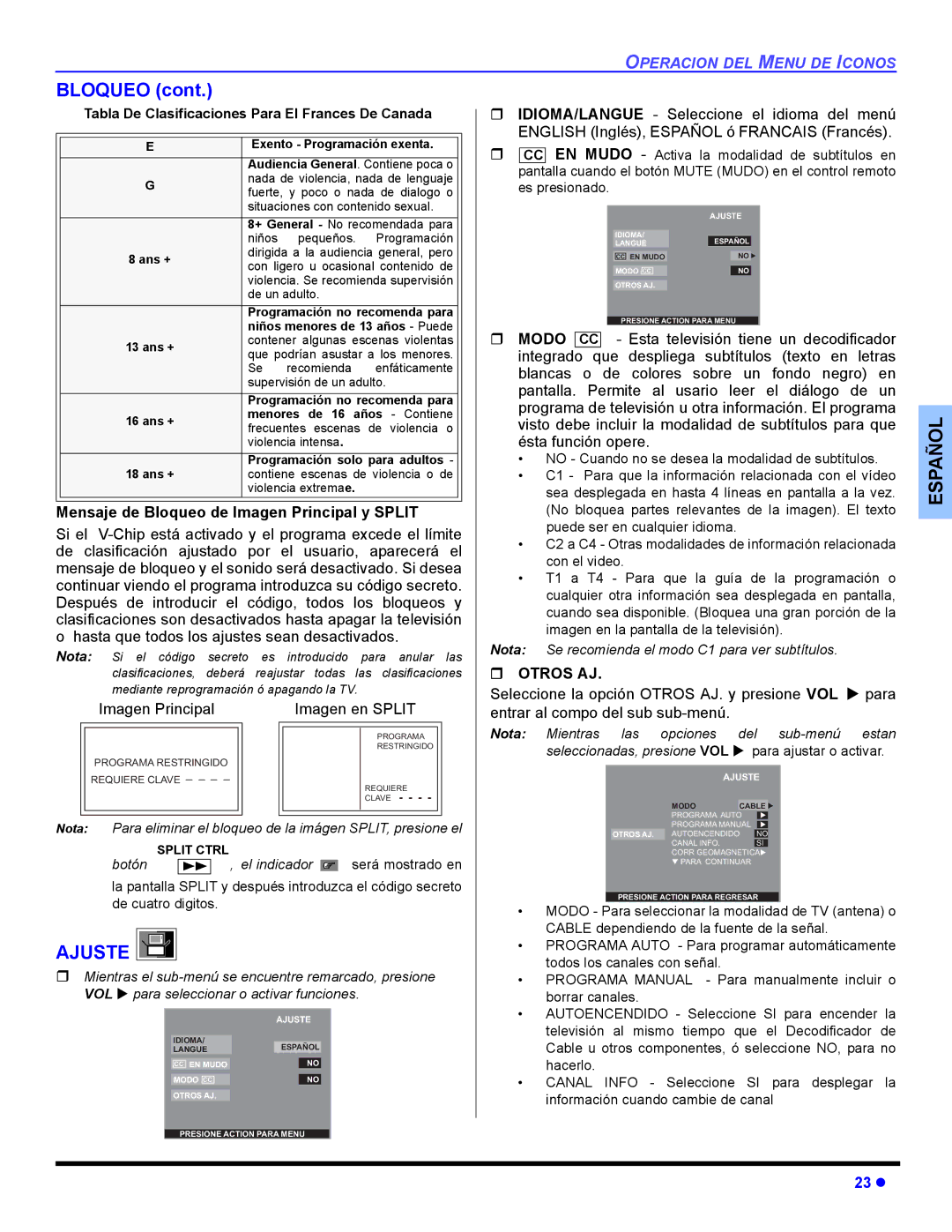 Panasonic CT 36HL44, CT-32HL44 Ajuste, Mensaje de Bloqueo de Imagen Principal y Split, Imagen Principal Imagen en Split 