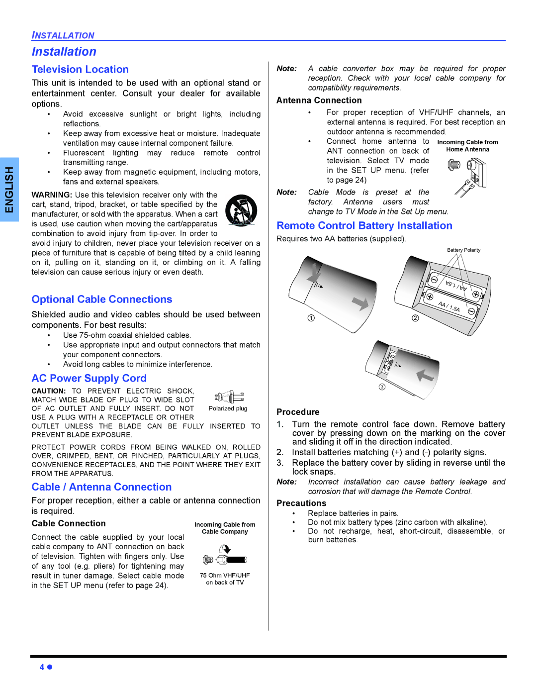 Panasonic CT-32HL44, CT 36HL44 manuel dutilisation Installation 