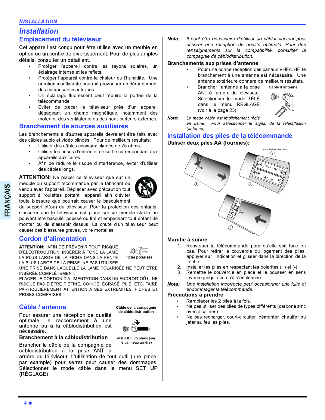 Panasonic CT-32HL44 Emplacement du téléviseur, Branchement de sources auxiliaires, Cordon d’alimentation, Câble / antenne 